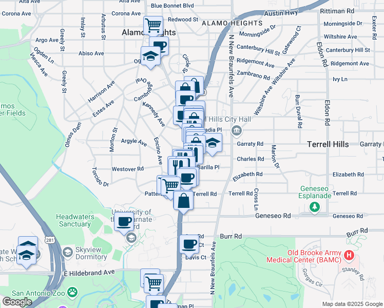 map of restaurants, bars, coffee shops, grocery stores, and more near 5148 Broadway in Alamo Heights