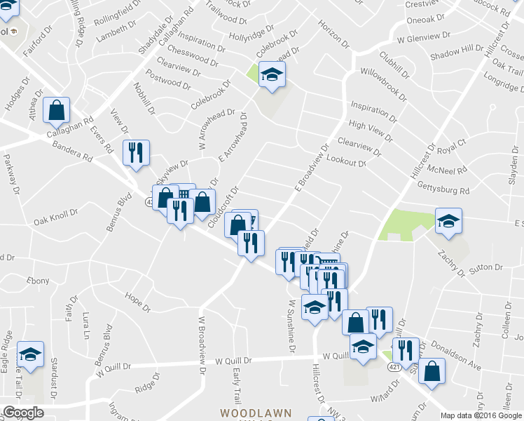 map of restaurants, bars, coffee shops, grocery stores, and more near 206 Sunnyland Drive in San Antonio