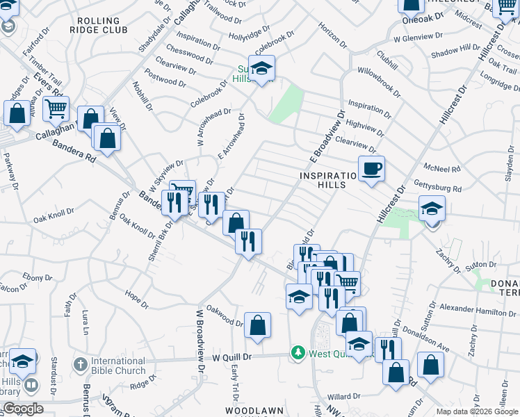 map of restaurants, bars, coffee shops, grocery stores, and more near 206 Sunnyland Drive in San Antonio