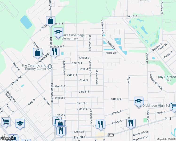 map of restaurants, bars, coffee shops, grocery stores, and more near in Dickinson