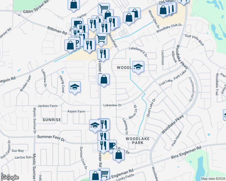 map of restaurants, bars, coffee shops, grocery stores, and more near 6610 Lake Glen Street in San Antonio