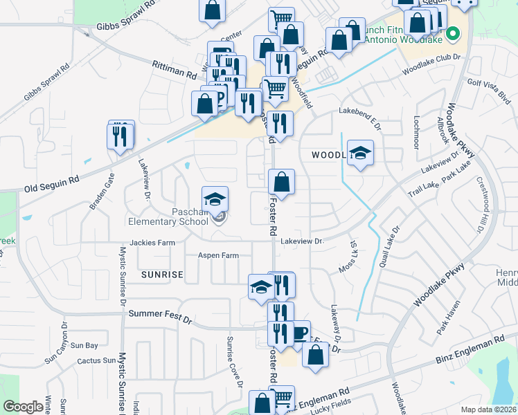 map of restaurants, bars, coffee shops, grocery stores, and more near 5415 North Foster Road in San Antonio