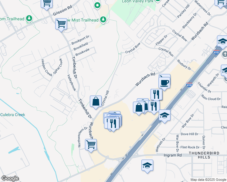 map of restaurants, bars, coffee shops, grocery stores, and more near 4502 Crystal Hill in San Antonio