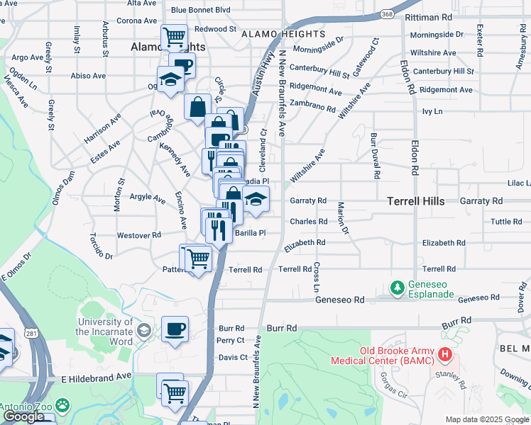 map of restaurants, bars, coffee shops, grocery stores, and more near 212 Grove Place in San Antonio
