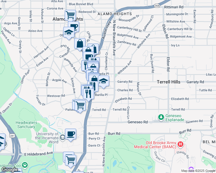 map of restaurants, bars, coffee shops, grocery stores, and more near 212 Grove Place in San Antonio
