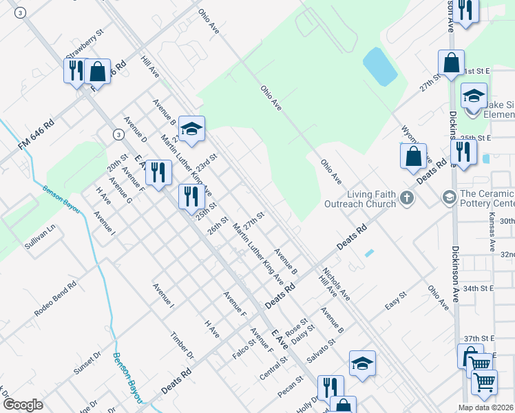 map of restaurants, bars, coffee shops, grocery stores, and more near 2618 Hill Avenue in Dickinson