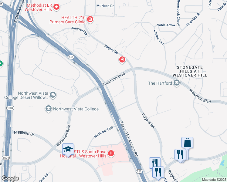 map of restaurants, bars, coffee shops, grocery stores, and more near 9525 Texas 151 in San Antonio