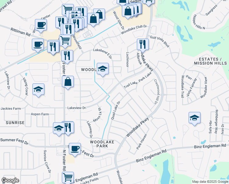 map of restaurants, bars, coffee shops, grocery stores, and more near 5327 Lakebend East Drive in San Antonio