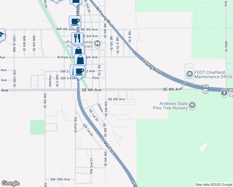 map of restaurants, bars, coffee shops, grocery stores, and more near 405 Southeast 7th Terrace in Chiefland