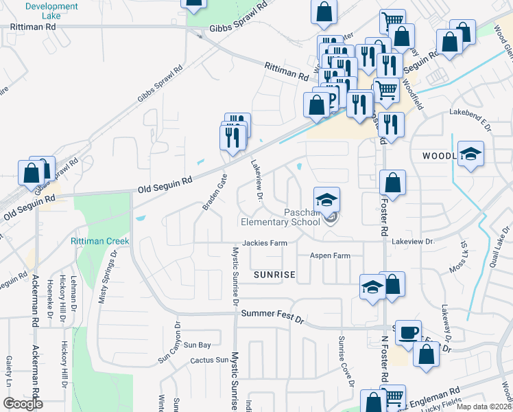 map of restaurants, bars, coffee shops, grocery stores, and more near 6023 Lakeview Drive in San Antonio