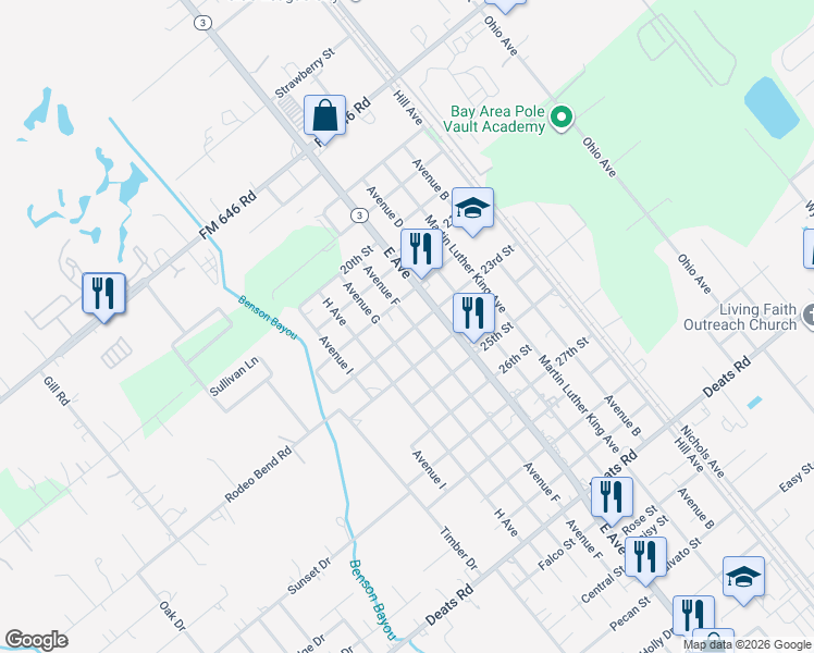map of restaurants, bars, coffee shops, grocery stores, and more near 2220 Avenue F in Dickinson