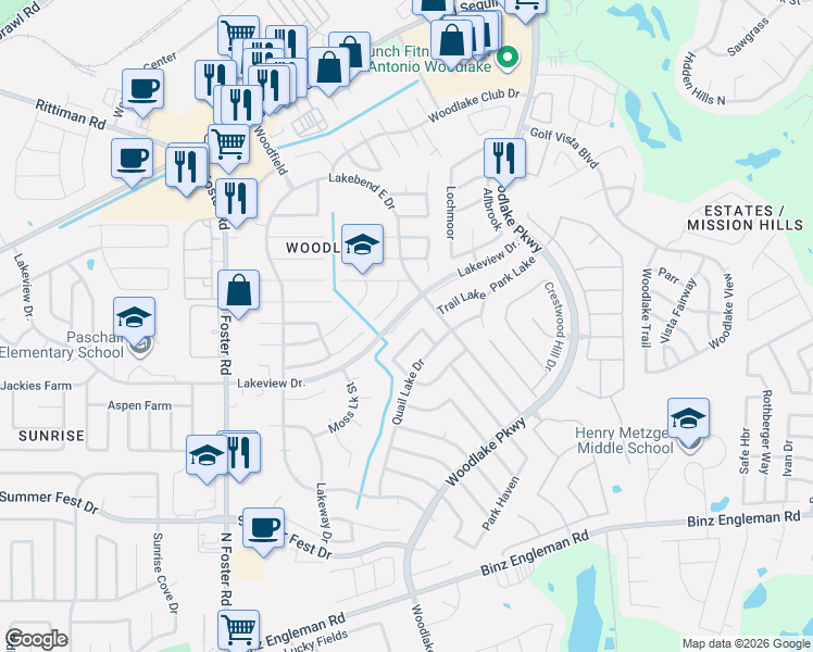 map of restaurants, bars, coffee shops, grocery stores, and more near 5327 Lakebend East Drive in San Antonio