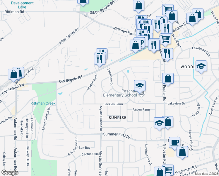 map of restaurants, bars, coffee shops, grocery stores, and more near 6023 Lakeview Drive in San Antonio
