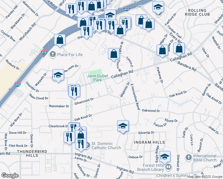 map of restaurants, bars, coffee shops, grocery stores, and more near 4834 Callaghan Road in San Antonio
