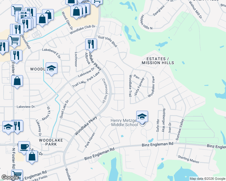 map of restaurants, bars, coffee shops, grocery stores, and more near 5106 Crestwood Hill Drive in San Antonio