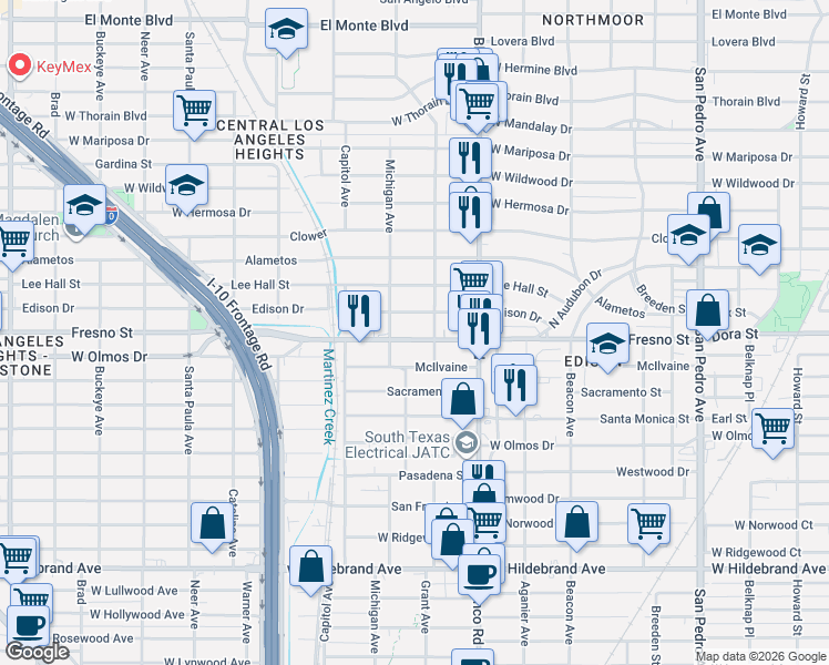 map of restaurants, bars, coffee shops, grocery stores, and more near 1034 Edison Drive in San Antonio