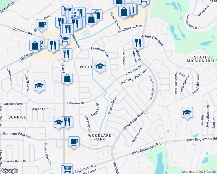 map of restaurants, bars, coffee shops, grocery stores, and more near 5315 Shadow Lake Drive in San Antonio