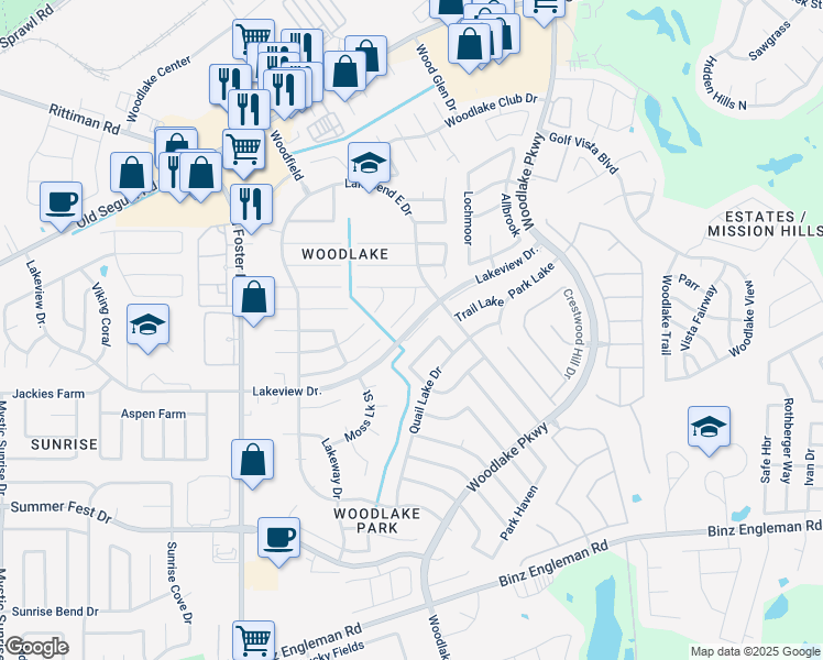 map of restaurants, bars, coffee shops, grocery stores, and more near 5315 Shadow Lake Drive in San Antonio