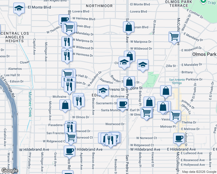 map of restaurants, bars, coffee shops, grocery stores, and more near 610 Alametos in San Antonio