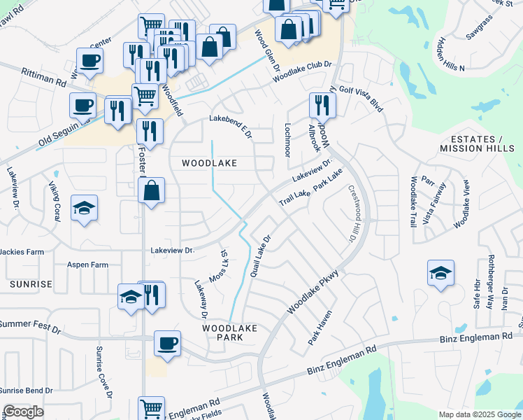 map of restaurants, bars, coffee shops, grocery stores, and more near 5327 Lakebend East Drive in San Antonio