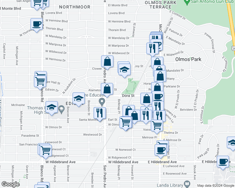 map of restaurants, bars, coffee shops, grocery stores, and more near 401 Dora Street in San Antonio