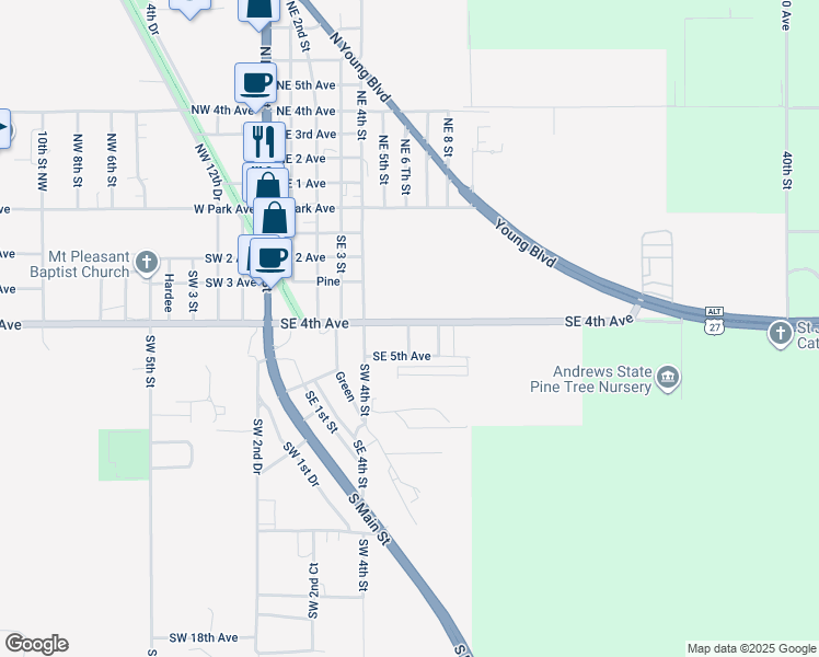 map of restaurants, bars, coffee shops, grocery stores, and more near 405 Southeast 7th Terrace in Chiefland