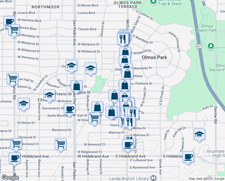 map of restaurants, bars, coffee shops, grocery stores, and more near 220 Horace Street in San Antonio