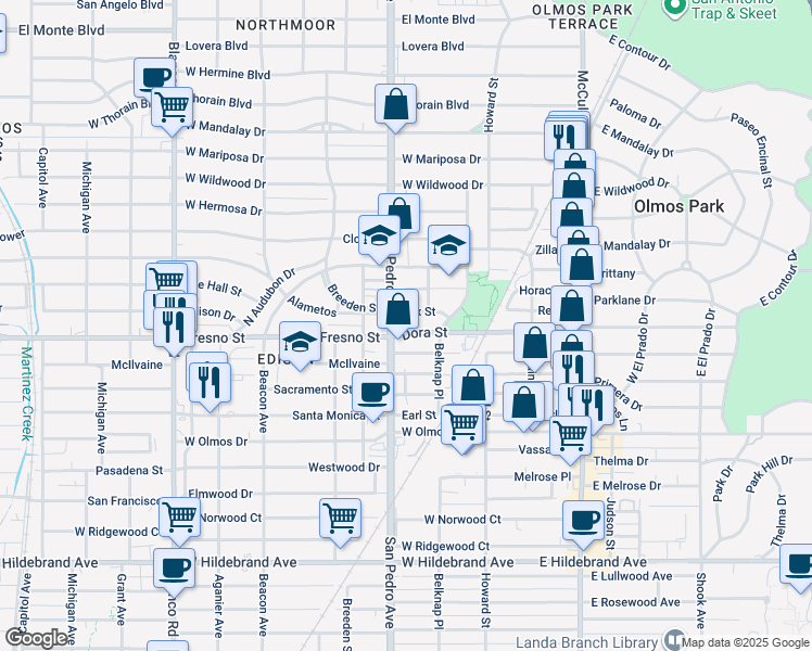 map of restaurants, bars, coffee shops, grocery stores, and more near 4418 San Pedro Avenue in San Antonio
