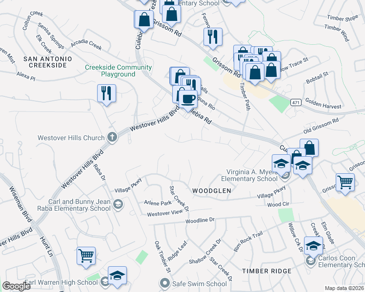 map of restaurants, bars, coffee shops, grocery stores, and more near 9206 Hilltop Crossing Drive in San Antonio