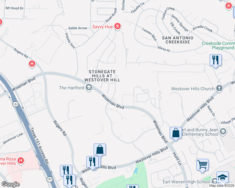 map of restaurants, bars, coffee shops, grocery stores, and more near 4118 Luckenbach Road in San Antonio