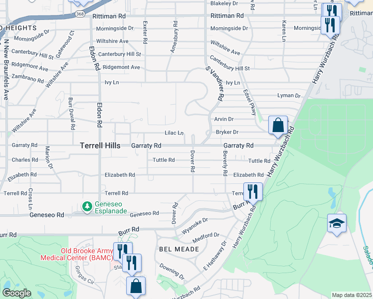 map of restaurants, bars, coffee shops, grocery stores, and more near 811 Garraty Hill in San Antonio