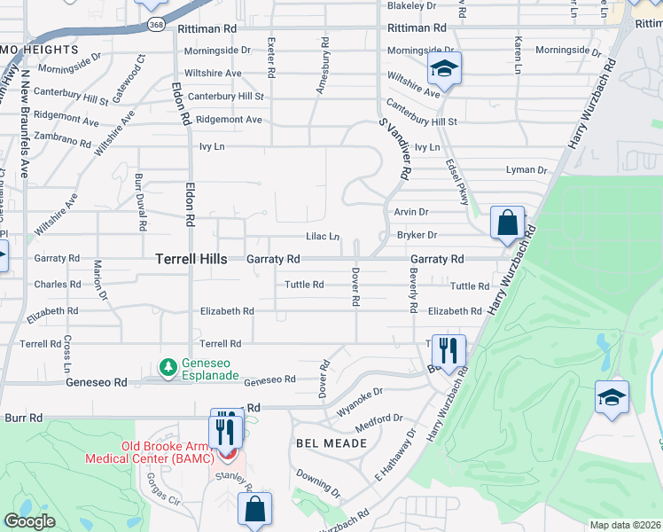 map of restaurants, bars, coffee shops, grocery stores, and more near 905 Garraty Road in San Antonio