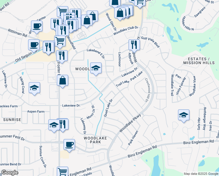 map of restaurants, bars, coffee shops, grocery stores, and more near 5327 Lakebend East Drive in San Antonio