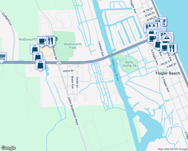 map of restaurants, bars, coffee shops, grocery stores, and more near 33 Village Drive in Flagler Beach