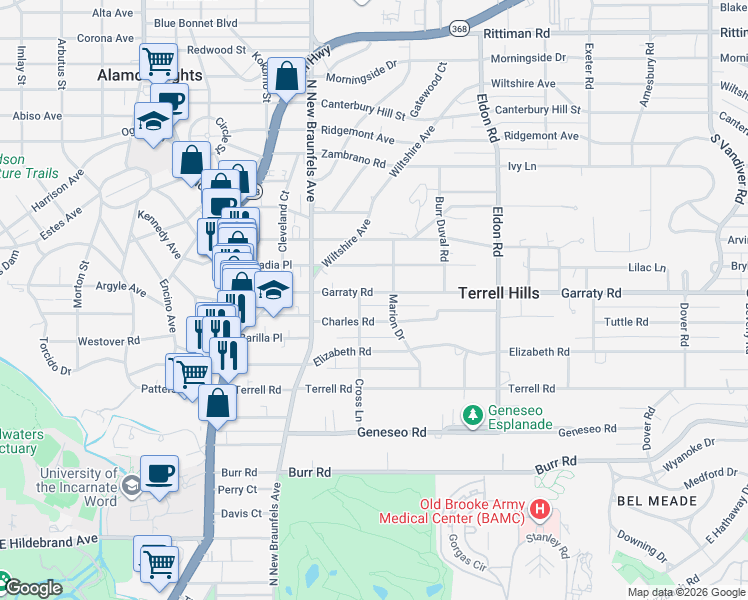 map of restaurants, bars, coffee shops, grocery stores, and more near 328 Garraty Road in Terrell Hills