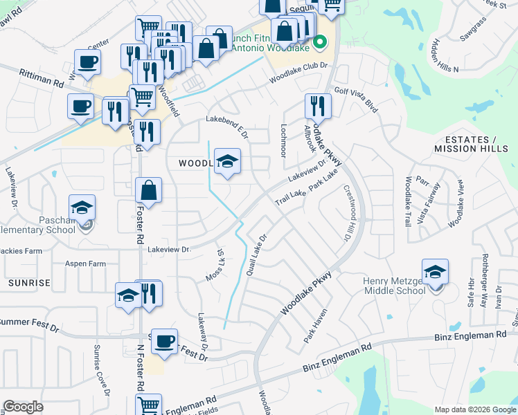map of restaurants, bars, coffee shops, grocery stores, and more near 5327 Lakebend East Drive in San Antonio