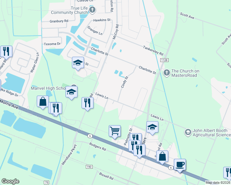 map of restaurants, bars, coffee shops, grocery stores, and more near 7010 Cindy Street in Manvel