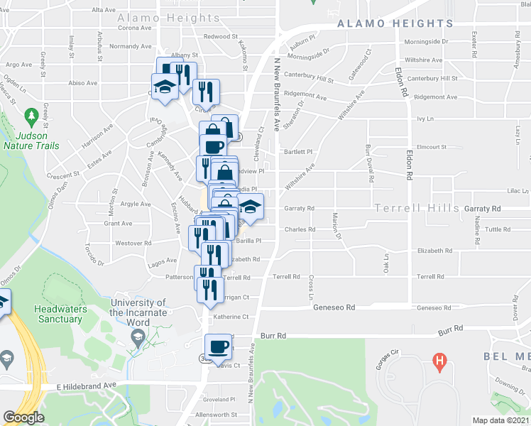 map of restaurants, bars, coffee shops, grocery stores, and more near 212 Grove Place in San Antonio