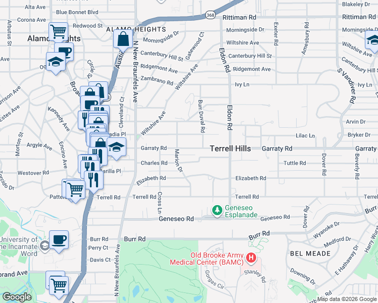 map of restaurants, bars, coffee shops, grocery stores, and more near 429 Garraty Road in Terrell Hills