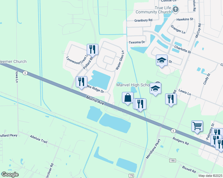 map of restaurants, bars, coffee shops, grocery stores, and more near 19314 Lake Ridge Drive in Manvel