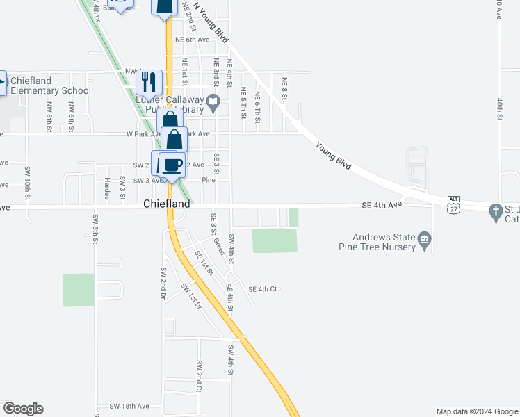 map of restaurants, bars, coffee shops, grocery stores, and more near 405 Southeast 7th Terrace in Chiefland