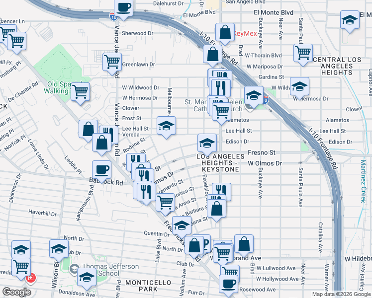 map of restaurants, bars, coffee shops, grocery stores, and more near 2031 Edison Drive in San Antonio