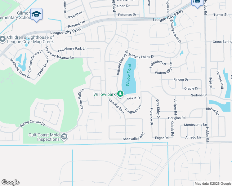 map of restaurants, bars, coffee shops, grocery stores, and more near 2186 Brittany Colony Drive in League City