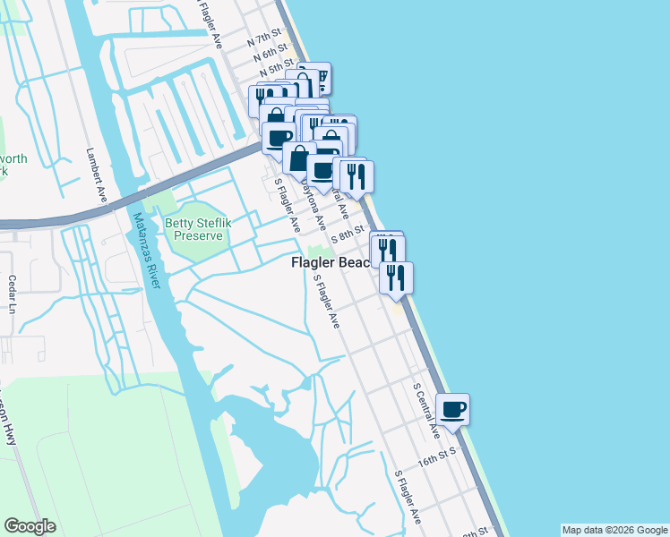 map of restaurants, bars, coffee shops, grocery stores, and more near 912 South Daytona Avenue in Flagler Beach