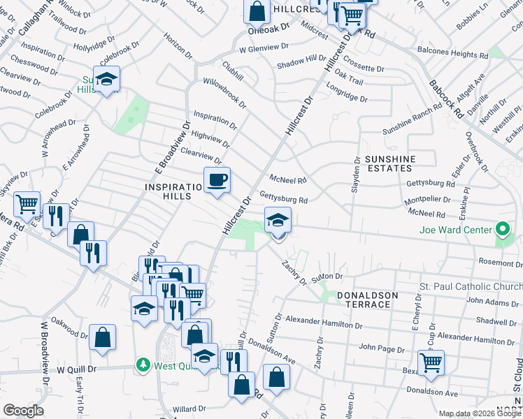 map of restaurants, bars, coffee shops, grocery stores, and more near 4031 City View Drive in San Antonio