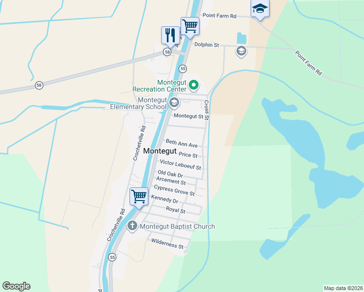 map of restaurants, bars, coffee shops, grocery stores, and more near 101-119 Beth Ann Avenue in Montegut