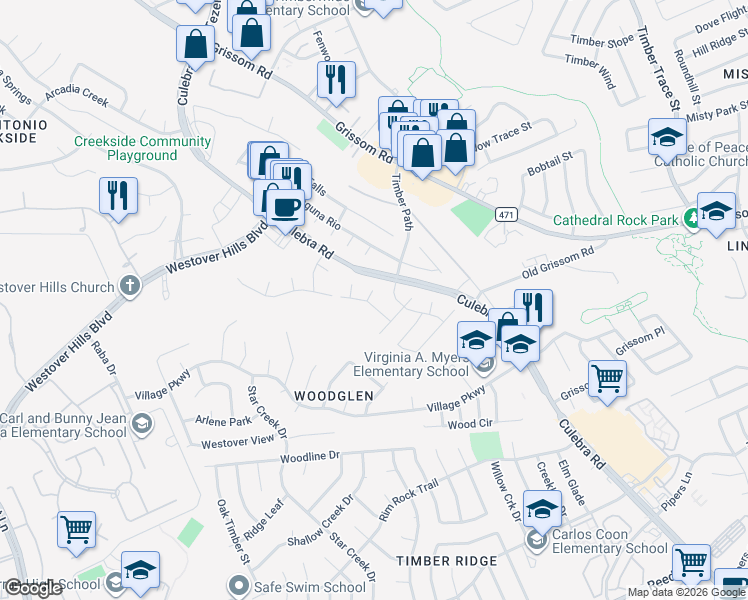 map of restaurants, bars, coffee shops, grocery stores, and more near 4303 Gentle Grove Drive in San Antonio