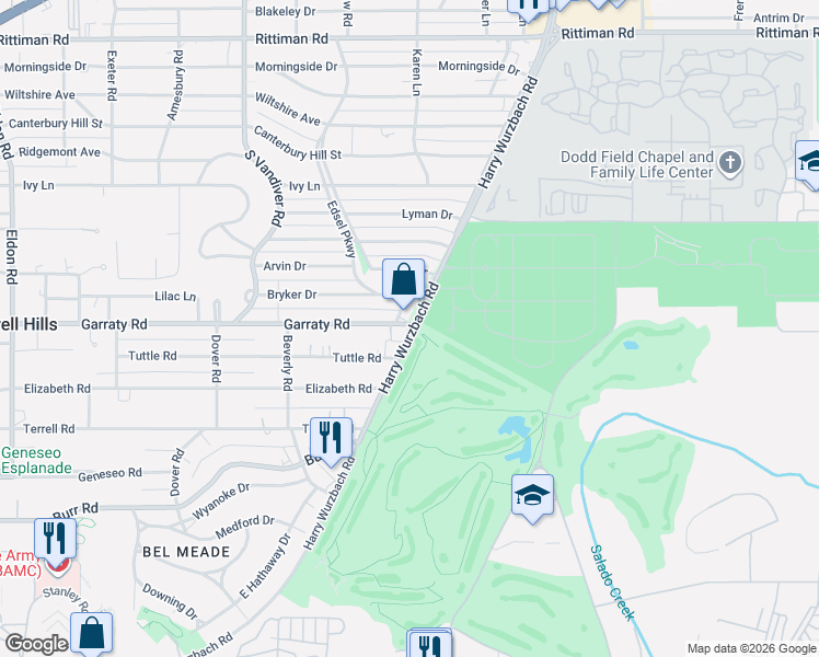 map of restaurants, bars, coffee shops, grocery stores, and more near 1501 Harry Wurzbach Road in Terrell Hills