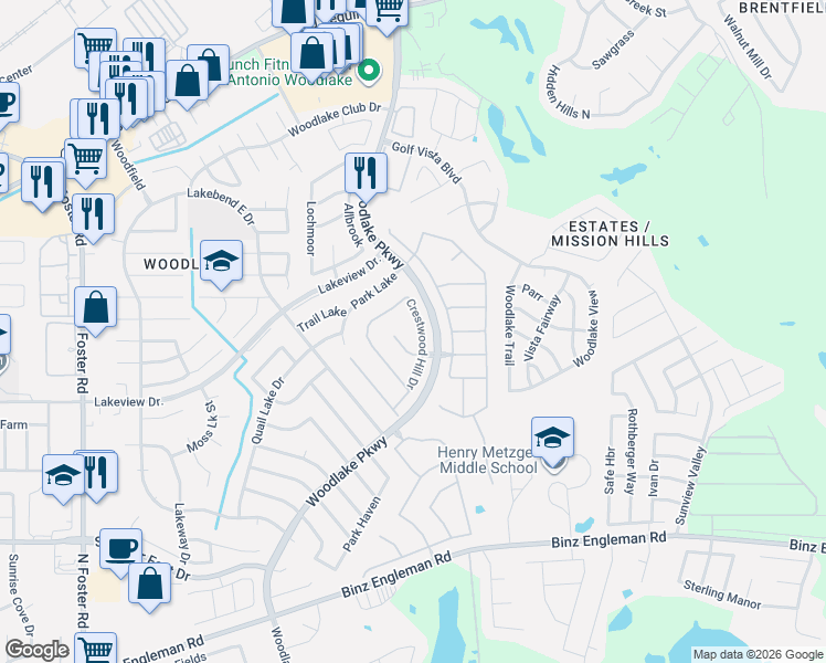 map of restaurants, bars, coffee shops, grocery stores, and more near 5106 Crestwood Hill Drive in San Antonio
