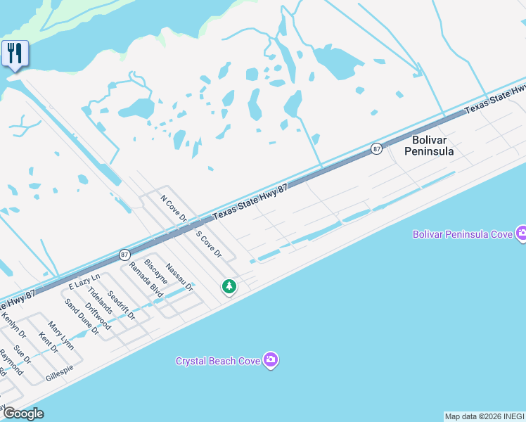 map of restaurants, bars, coffee shops, grocery stores, and more near 3105 Diane Street in Bolivar Peninsula